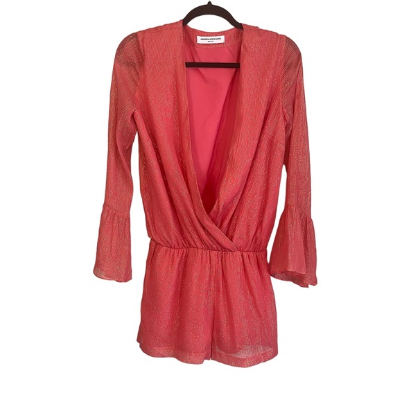 AMANDA UPRICHARD Romper S SERAPHINA Metallic Surplice Bell Sleeve Cinched Pink - Picture 1 of 8